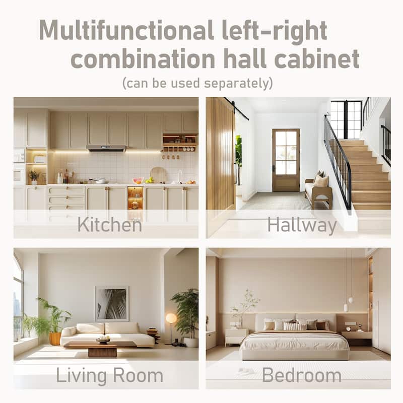 Modular Hall Cabinet & Hall Tree, Left-Right Set with 4 Hooks, L-Shape or Separate, Entryway Storage, 79.1 x 15.4 x 66.1 in