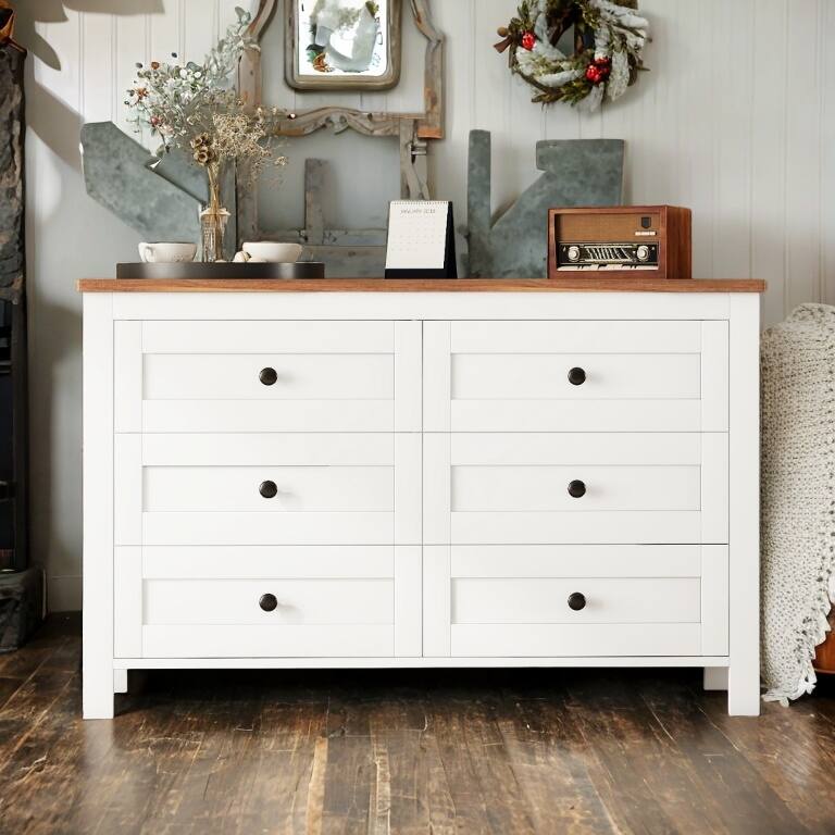 Retro Farmhouse Style Wooden Dresser with 6 Drawers, Storage Cabinet for Bedroom - White