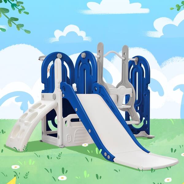 slide 2 of 27, 5 in 1 Toddler Slide and Swing Set, Indoor Outdoor Playground Set Toddler Climber Slide Playset with Basketball Hoop for Babies
