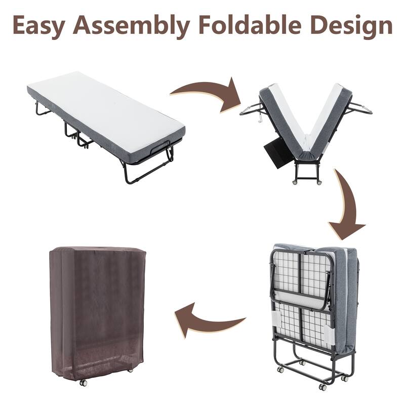 Portable Folding Guest Bed with Mattress, Rollaway Cot on Wheels, 31–45 Inch Sizes