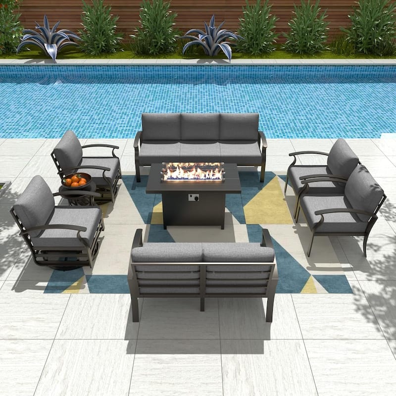 Aluminum Patio Outdoor Sectional Sofa Set with Fire Pit, Swivel Rocking Chairs and Ottomans
