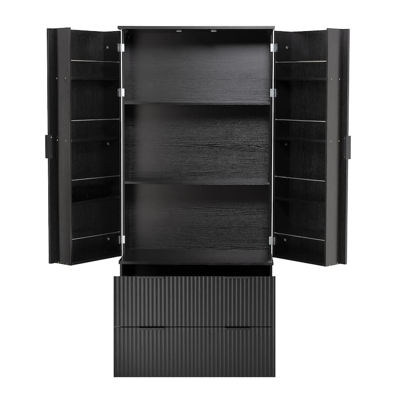 Fluted Kitchen Pantry Cabinet, 2 Doors Freestanding Kitchen Storage Cabinet with 2 Drawers, 8 Spice Racks & Adjustable Shelves
