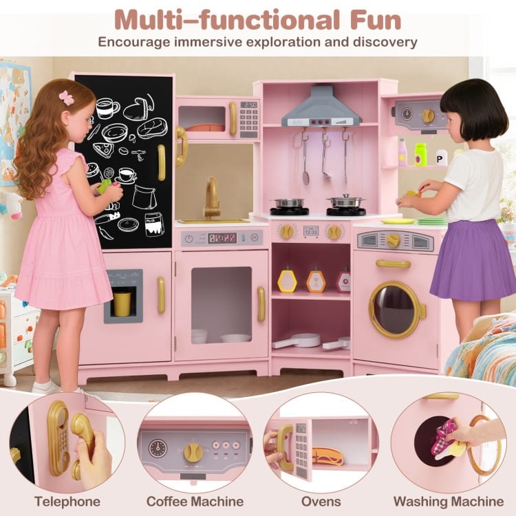 MDF Kids Corner Play Kitchen with Lights, Sounds and Ice Maker - 52" × 18.5" × 36"