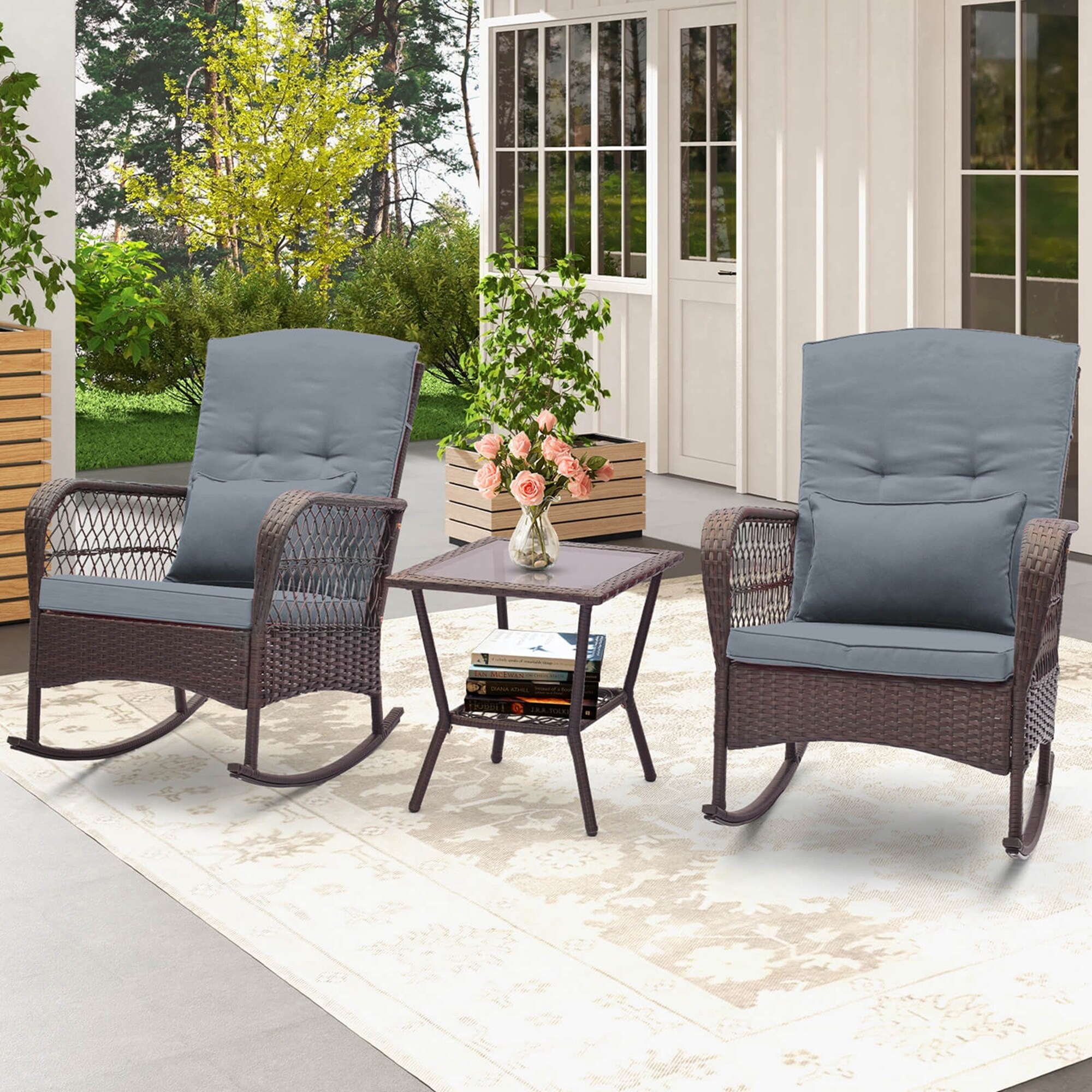 Costway 3 PCS Patio Rocker Set Outdoor Wicker Rocking Chairs with - See Details