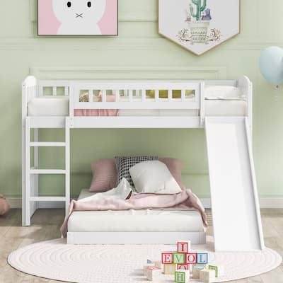Twin Over Twin Bunk Bed Frame with Slide & Ladder, Solid Wood Low Bunkbeds w/Safety Guardrails, Noise Free, No Box Spring Needed