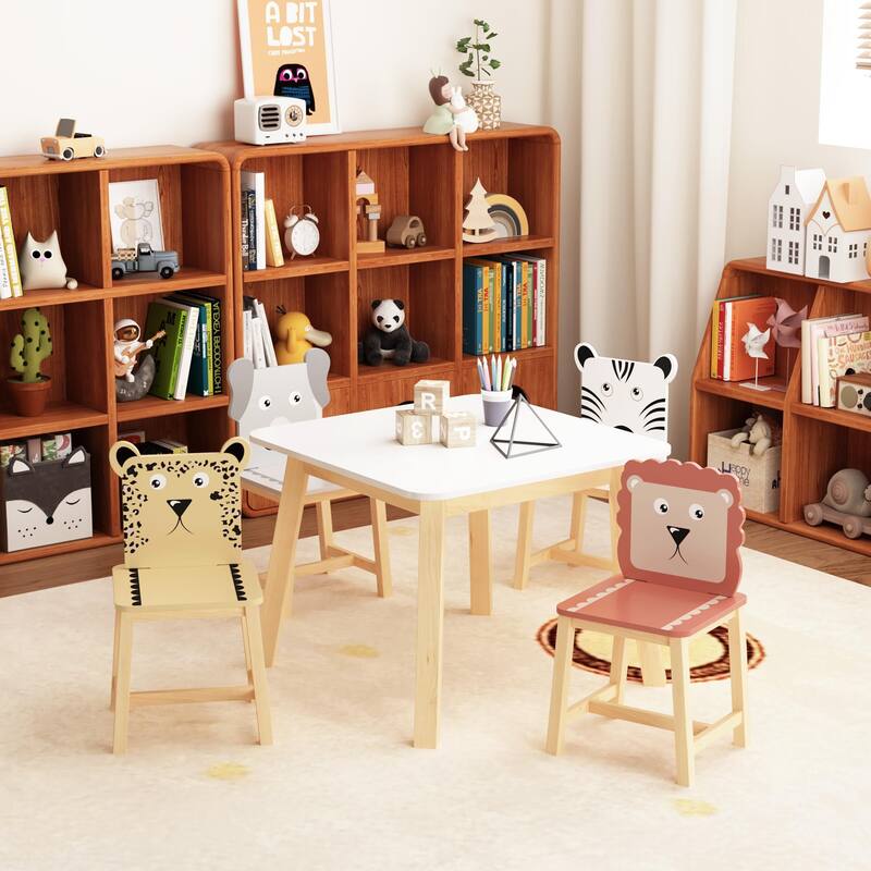 Anmytek 5-Piece Kids Table and Chair Set with Animal Themed Chairs, Solid Wood Children's Furniture for Playroom