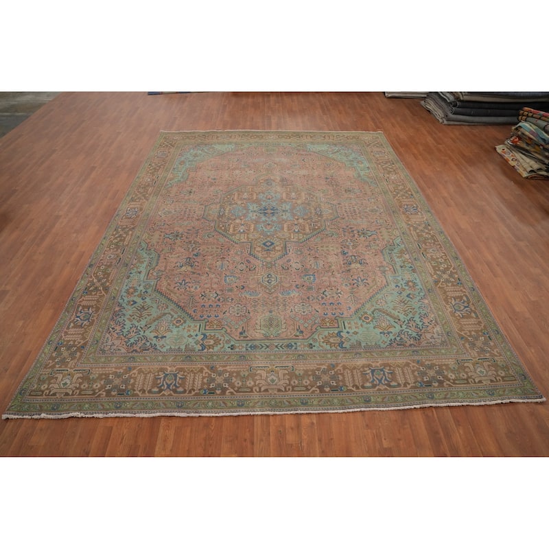 Hand Knotted Oriental 100% Wool Carpet Traditional Floral Pink Tabriz Area Rug - 12' 9'' X 9' 9''