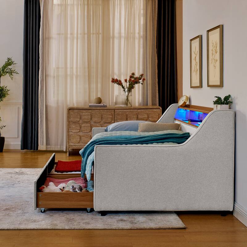 Beige Twin Size Upholstery Daybed with Three LED Lights,Storage Adjustable Headboard and Two Storage Pull Up Drawers