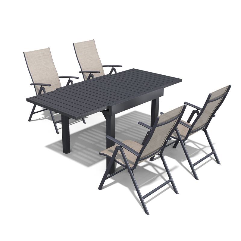 Outdoor Extendable Patio Dining Table with Durable Adjustable Reclining Folding Chair - 63in-Black-Table&Espresso-Chair