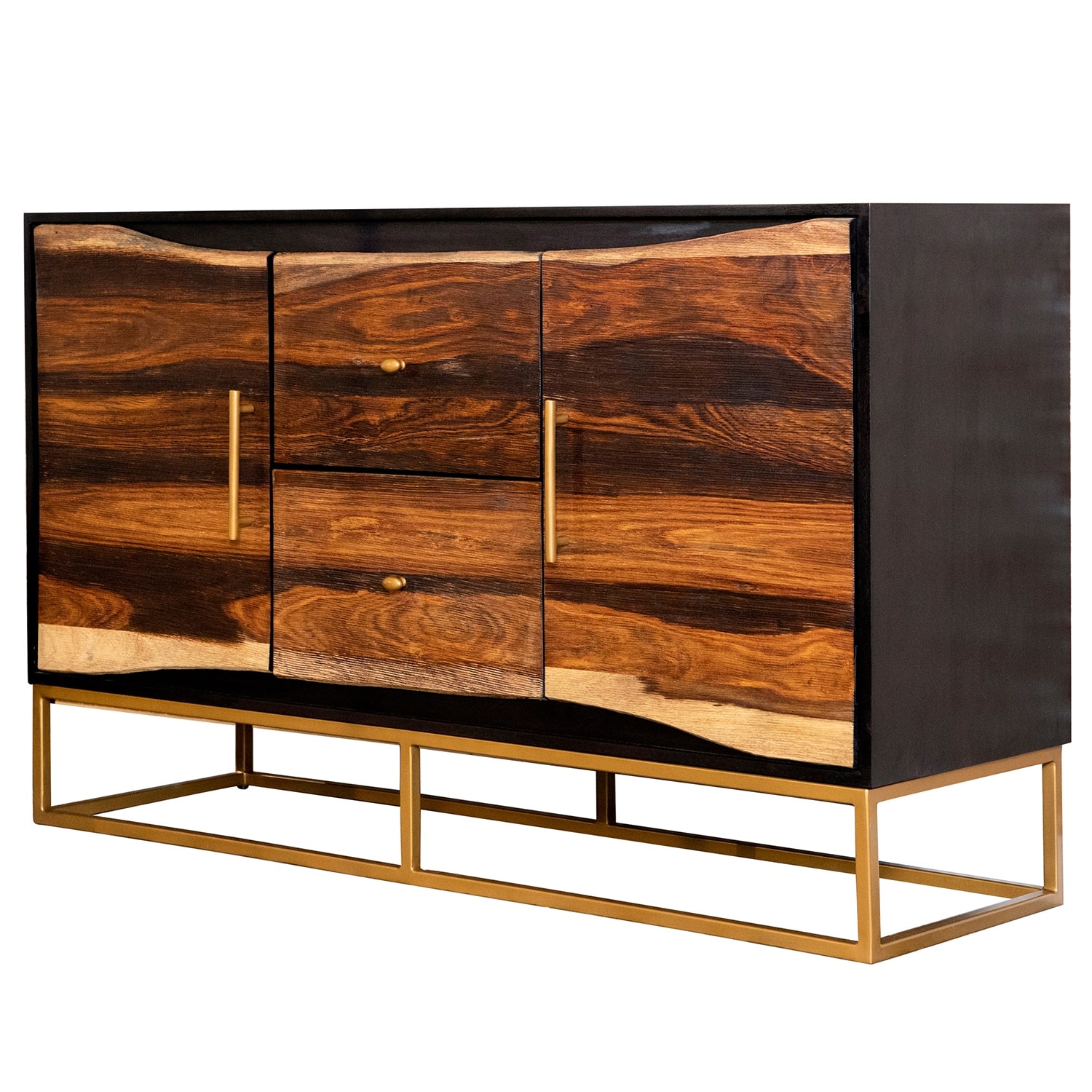 2 Doors Accent Cabinet with 2 Drawers in Black Walnut and Gold