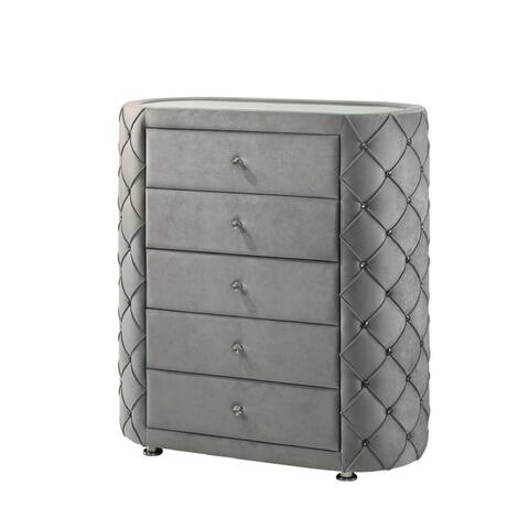 Jill 45 Inch Tall Upholstered Dresser Chest, Tufted Velvet, 2 Drawers, Grey