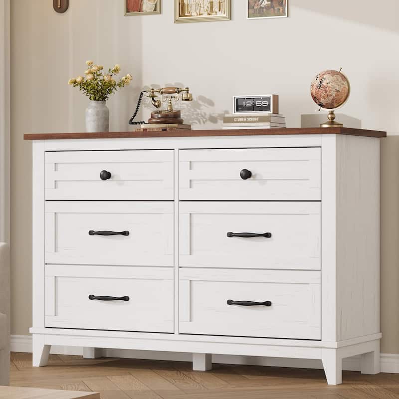 6 Drawer Dresser for Bedroom, 47" Wide Wooden Storage Chest, Freestanding Closet Organizer - Brown+White