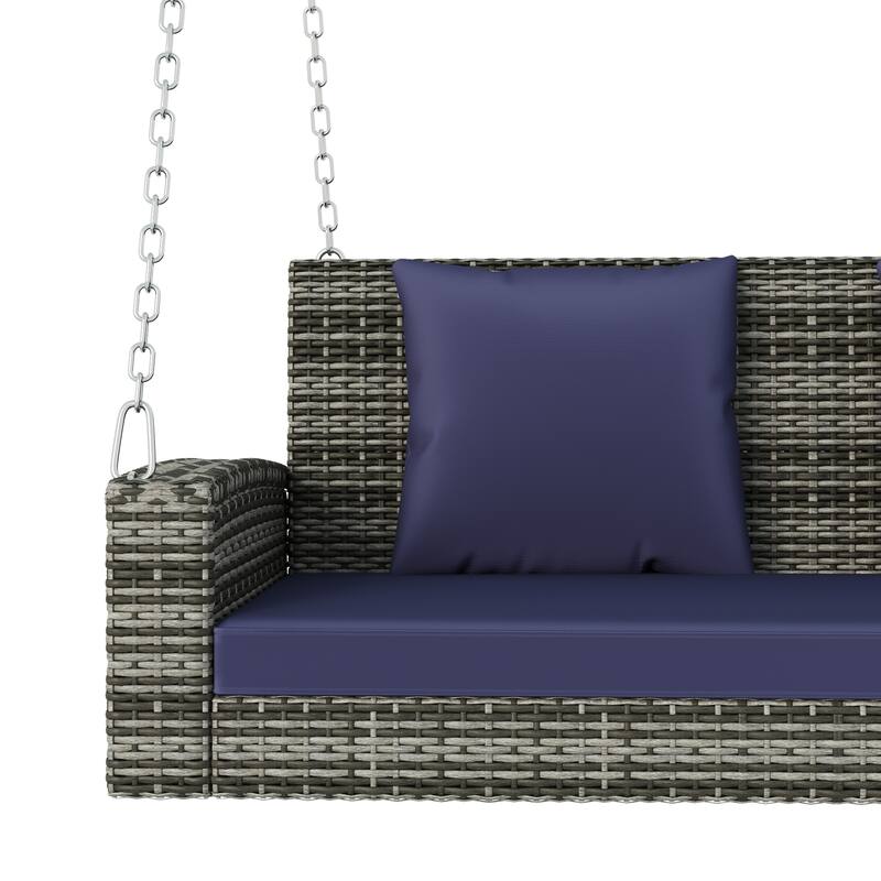 2-Person Wicker Hanging Porch Swing with Chains, Cushion & Pillow