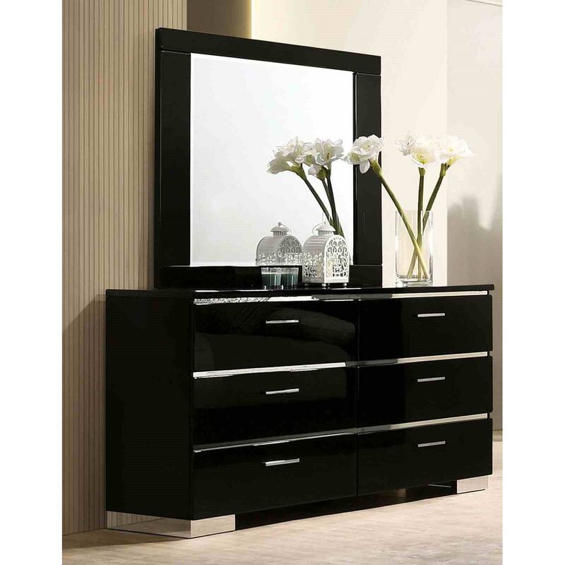 High Gloss Black Contemporary Platform Bedroom Set Bed Nightstand Mirror Dresser Chest