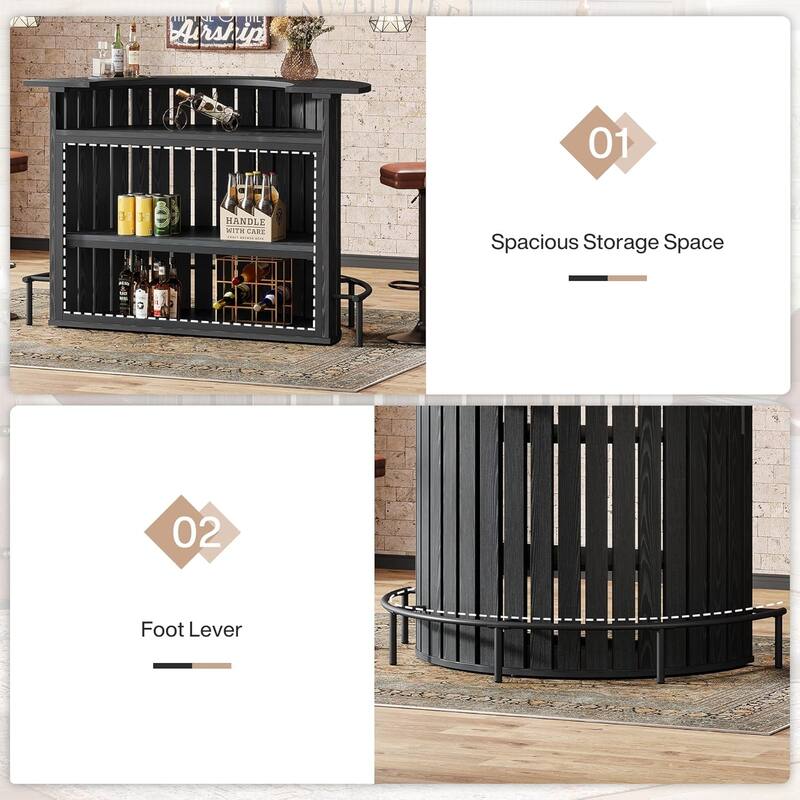 39.4” H Brown MDF Arc Shaped Bar Table, 4-Tier Home Bar Unit with Footrest