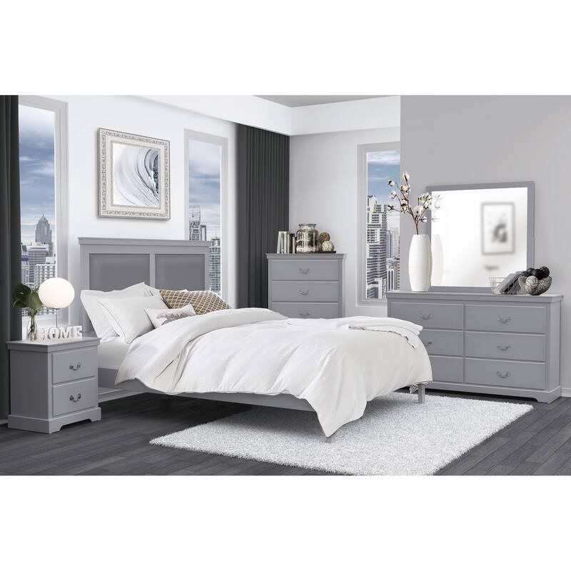 Queen Size Panel Bed with Upholstered Headboard and Wooden Frame in Classic Gray Finish