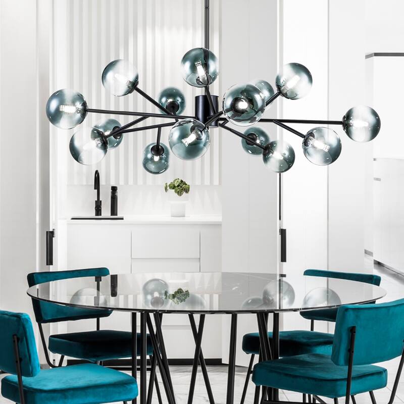 15-Light Modern Linear Sputnik Kitchen Island Light Branch Cluster Glass Globe Bubble Chandelier - Gradient Blue Glass - Black