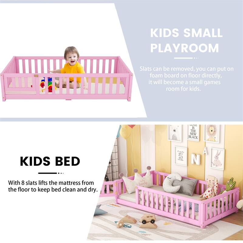 Twin Size Bed Floor Bed with Safety Guardrails and Door for Kids