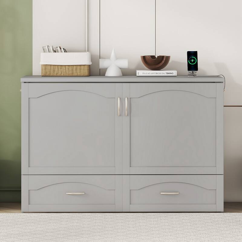 Queen Size Murphy Bed Wall Bed with drawer and a set of Sockets & USB Ports, Pulley Structure Design