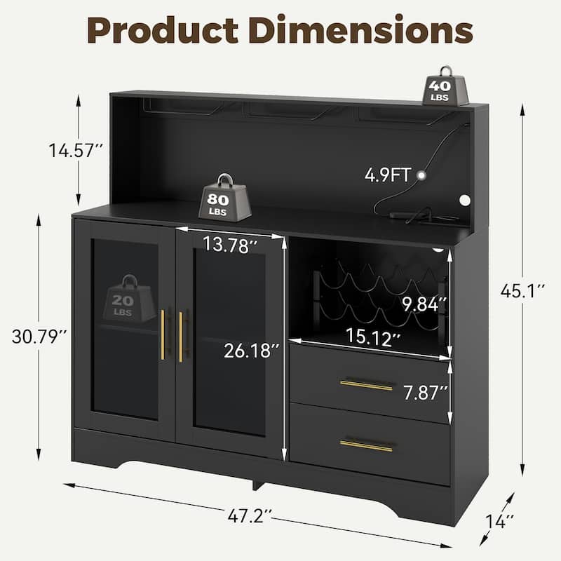 EROMMY Farmhouse Coffee Bar Cabinet with LED Lights, Sliding Barn Door, Wine Racks and Glass Holder, Home Liquor Cabinet