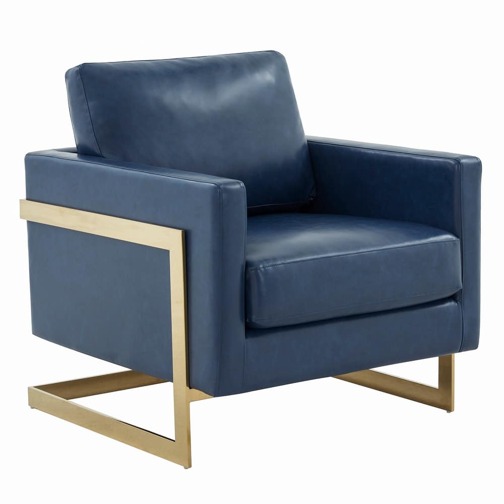 Lincoln Modern Single Seater Leather Upholstered Accent Armchair with Boxy Design & Gold Base Sofa for Living Room and Bedroom