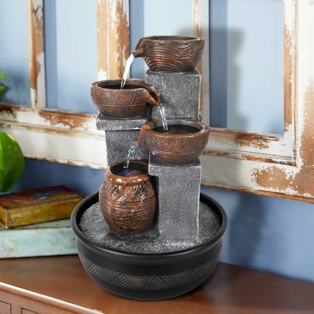 15.7" H Indoor 4-Tier Relaxation Tabletop Fountain Waterfall Function，with LED Lights and Water Pump for Home - 15.7"H