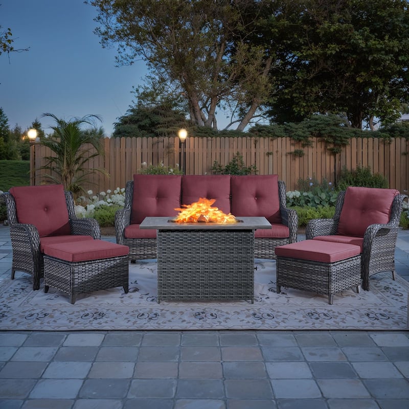 6 Piece Chair Patio Sofa Ottomans with Fire Pit Table - Red - Grey