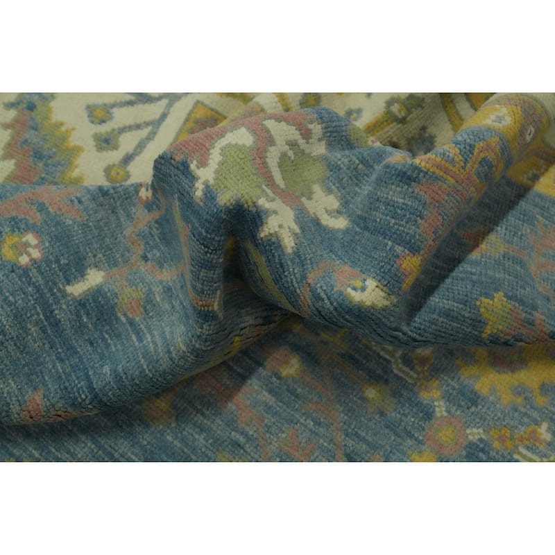 Floral Blue Oushak Vegetable Dye Area Rug, Floral Geometric Carpet - 9' 10'' X 8' 3''