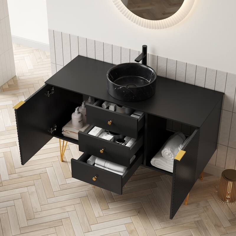 GDFStudio - Gema 48" Freestanding Bathroom Vanity with Black Sintered Stone Top, Gold Legs & Ceramic Basin - Black round