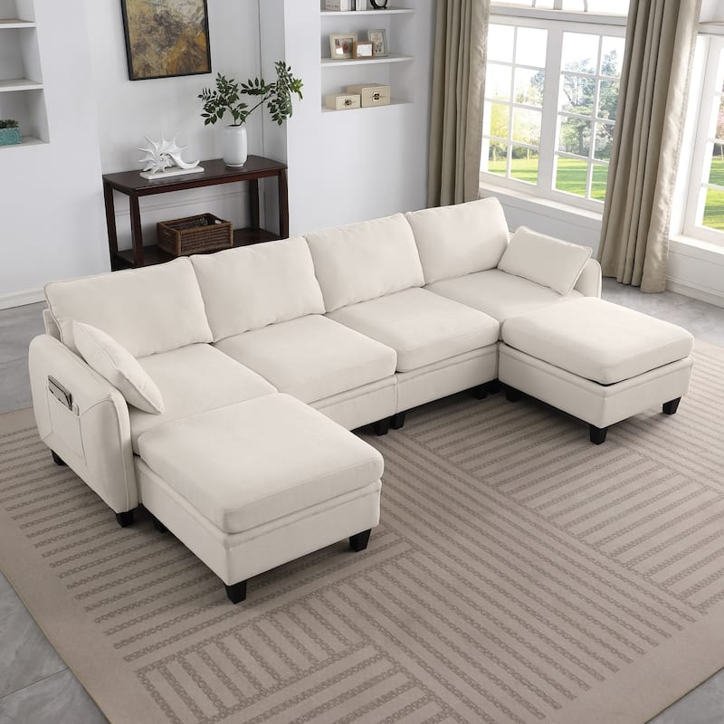 109.4" Chenille Sectional Sofa with Two Ottomans - Beige