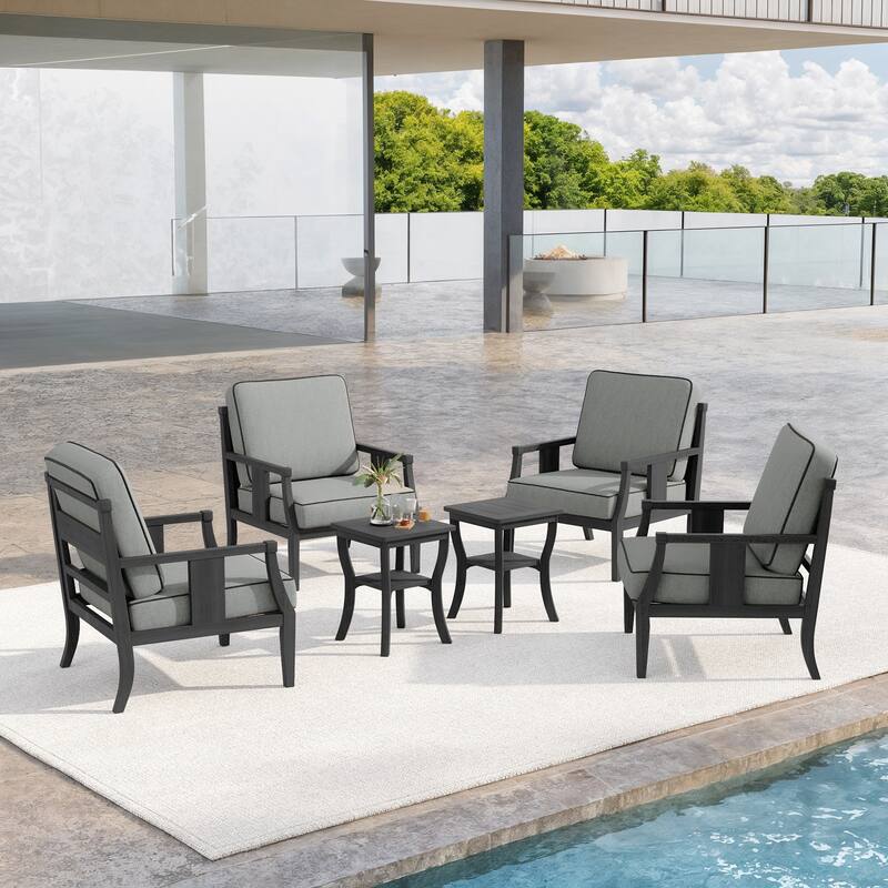 6-Piece Outdoor Teak Seating Set Armchair Patio Conversation Sets with 2 Tables, Cushion