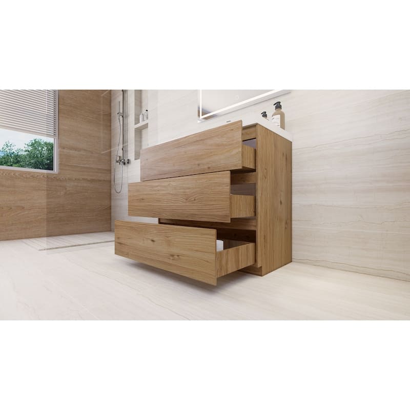 Angeles 36" freestanding bath vanity with single basin reinforced acrylic top.