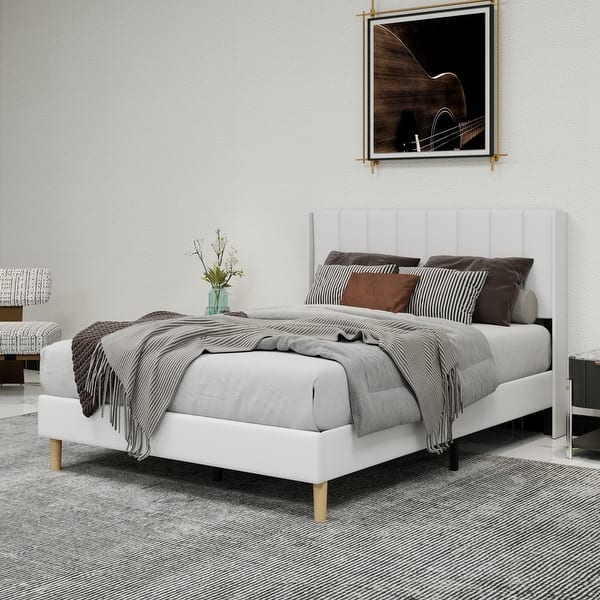 slide 2 of 93, Caxkun Upholstered Platform Bed Frame with Wingback headboard White - Full