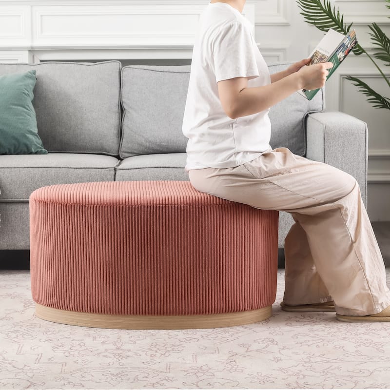 Adeco Velvet Upholstered Bench Oval Ottoman for Bed End Entryway