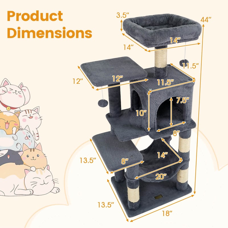 Costway 44” Tall Multi-level Cat Tree with Cushion Top Perch, - See Details