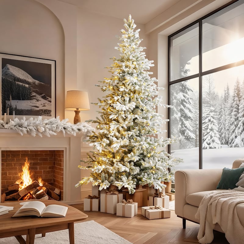 Glitzhome 6FT/7.5FT/9FT/11FT Snow Flocked Pre-lit Artificial Fir Christmas Trees