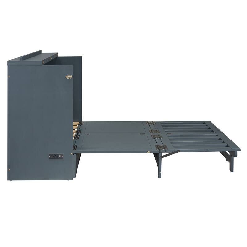 Queen Size Murphy Bed with Large Storage Drawer, USB Ports, and Outlets - Gray, Space-Saving Design