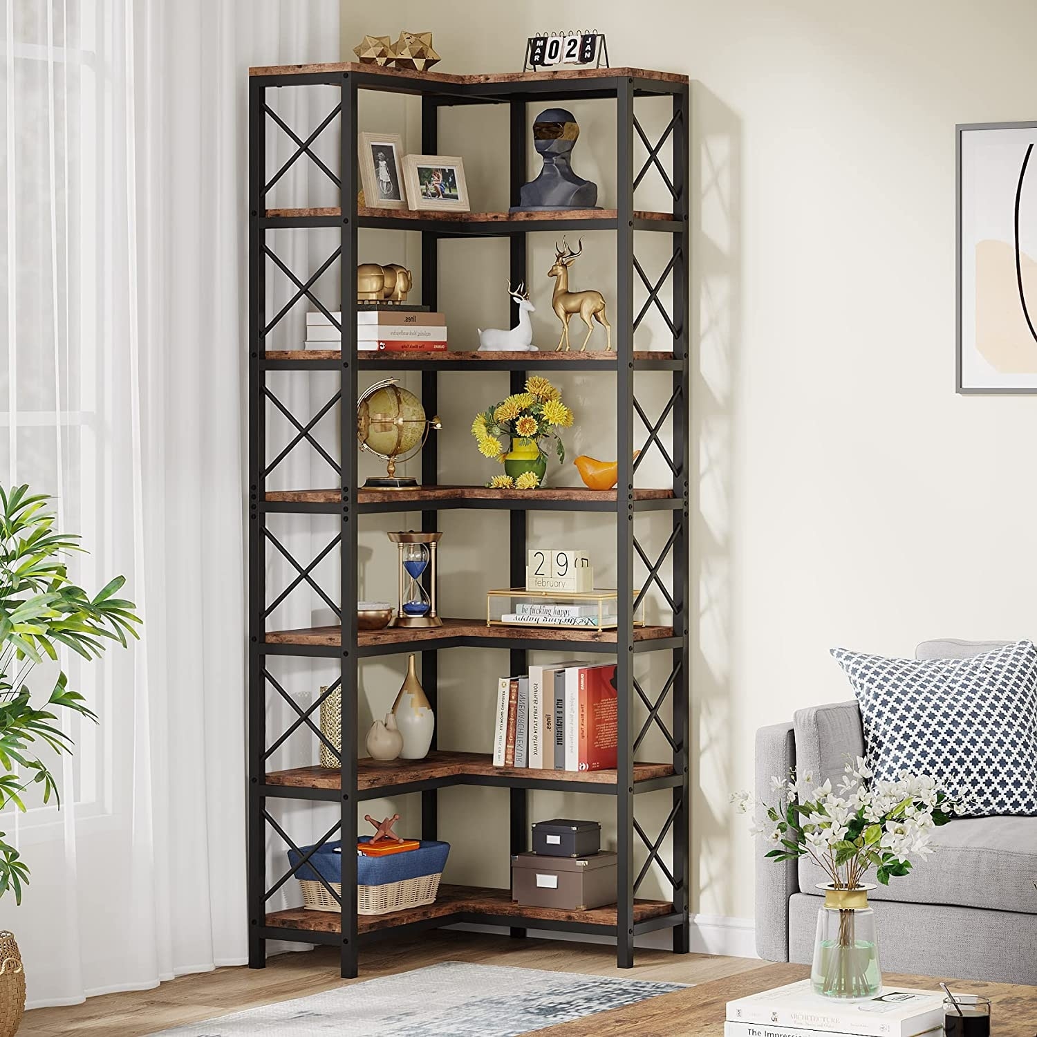 TribeSigns 6-Tier Corner Shelf, 70.8 Inch Tall Rustic Corner Bookshelf  Storage Etagere Bookcase for Living Room, Corner Display Rack Plant Shelf  for