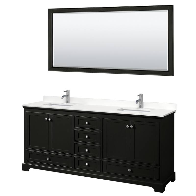 Deborah 80-inch Double Vanity, Quartz Top, 70-inch Mirror - Dark Espresso, Chrome Trim, White Quartz Top