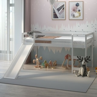 Gymax Twin Size Loft Bed with Slide Wood Low Sturdy Loft Bed for Kids