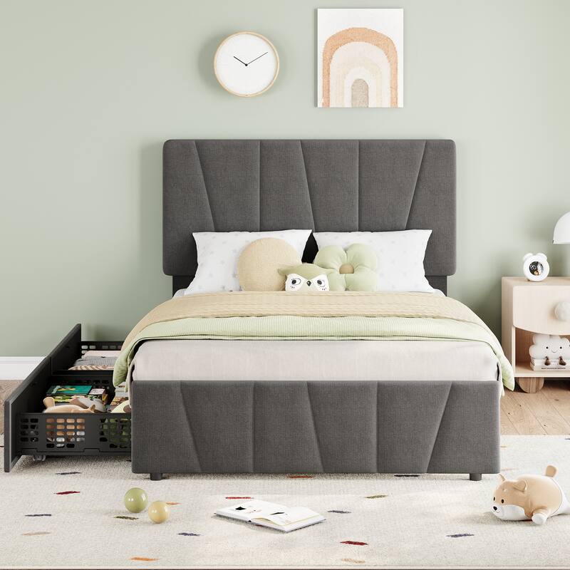 Platform Bed Frame with 4 Storage Drawers and Headboard - Grey - Twin