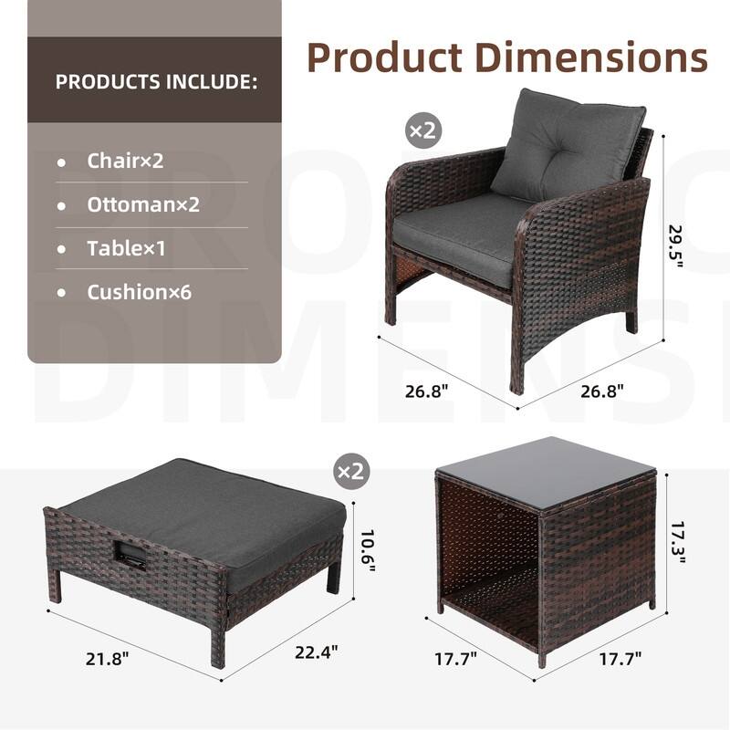 Patio Watcher 5 Piece Outdoor Seating Group with Cushions Brown Wicker Patio Conversation Set with Ottoman