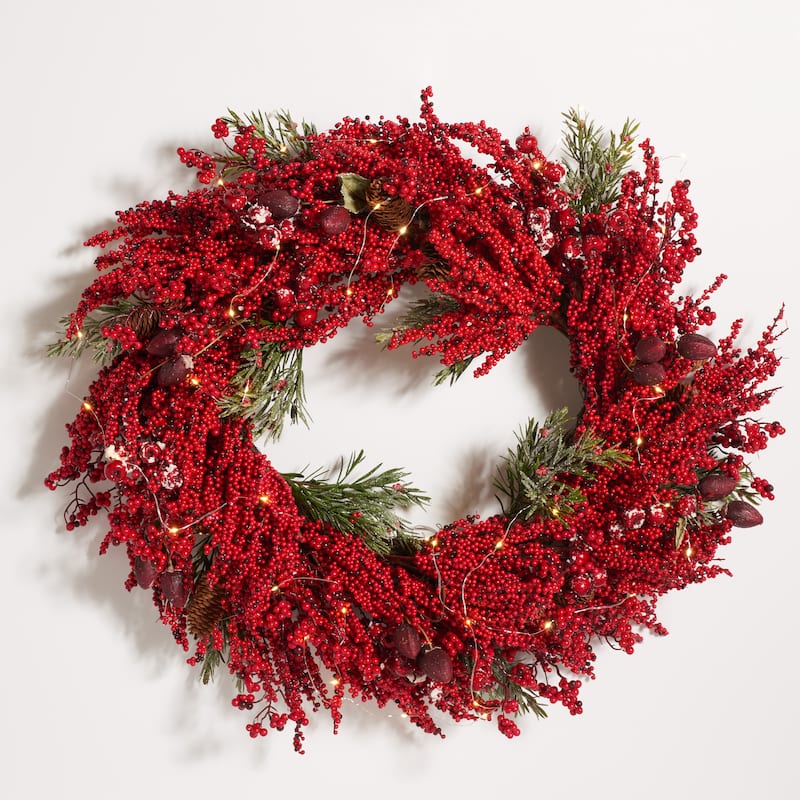 SAFAVIEH Cindi Faux 30 Inch Red Berry & Pine Led Wreath - Deep Red/Green - 27" W x 27" D x 7" H - Deep Red/Green - 27Wx27Dx7H