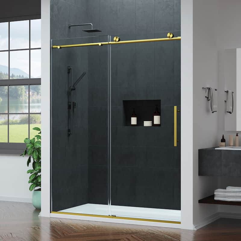Mountain 60-inch Reversible Frameless Sliding Deco-Glass Shower Door with Soft-Close System