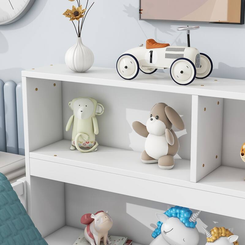 Full Size Floor Bed with Built-in Bookcase, Shelves, and Guardrails in White