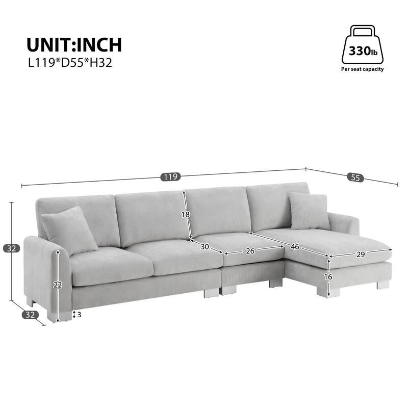 119*55" Modern Oversized L-shaped Sectional Sofa, 5-seat Chenille Indoor Furniture with Chaise, Light Gray