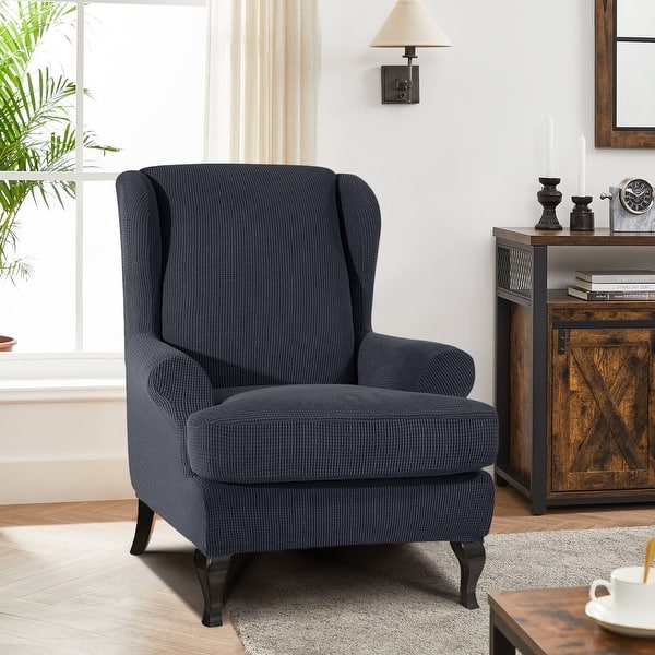 slide 2 of 7, Enova Home Stretch Jacquard Spandex Fabric T-Cushion Wingback Slipcover Grey