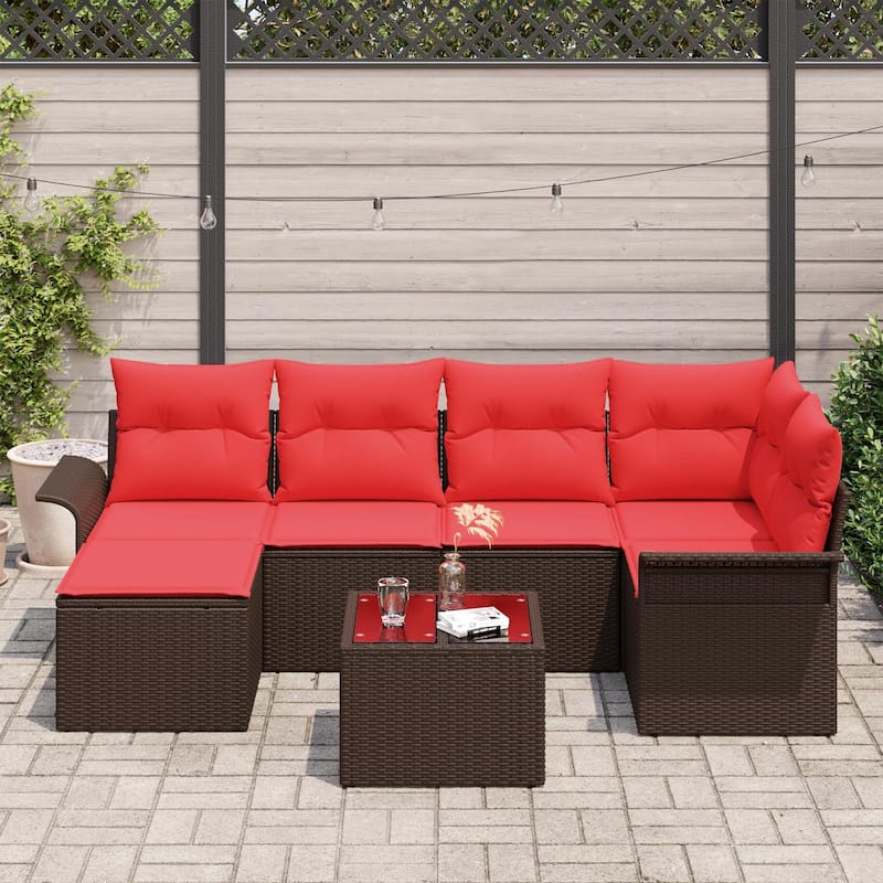 vidaXL 6/7 Garden Sofa Set with Cushions Black/Brown/Grey Poly Rattan - 95.9 x 52.2 x 27.2