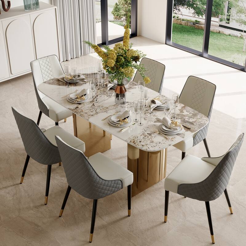 White Rectangular Sintered Stone Dining Table with Double Pedestals - L 62.99'×W 31.5'×H 29.53'