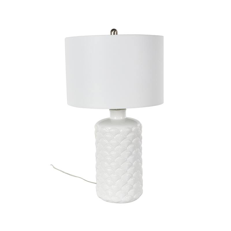 Ceramic Shell Embedded Room Table Lamp with Drum Linen Shade - White - Roche River Decor